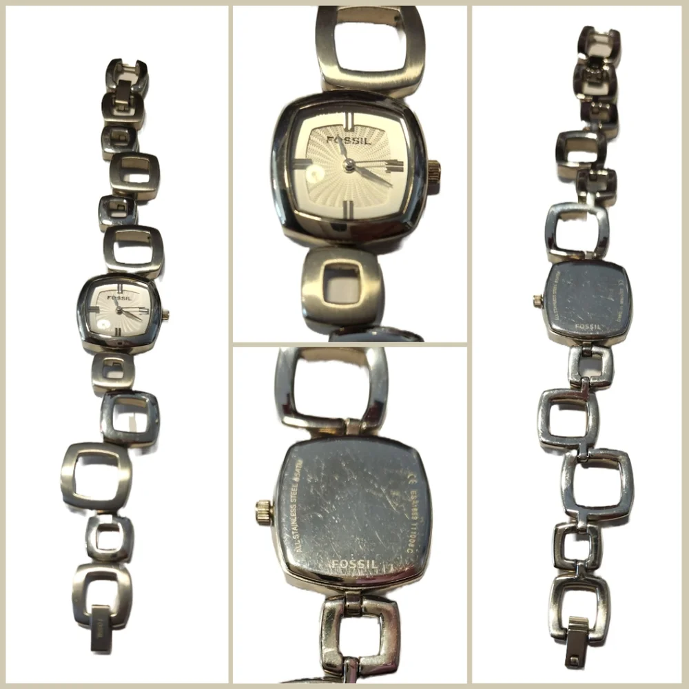 Vintage 2009 Fossil Date CZ Gem Bezel Momogram Strap 30mm Women\'s Quartz Watch Fossil Womens Watch Vintage Quartz Analog Gem Shaped Crystal  main image 2